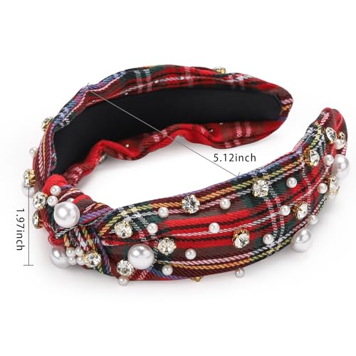 WantGor Pearl Knotted Headband, Women Rhinestone Embellished Hairband Elegant Wide Top Knot Bride Headbands Headpieces Party Fashion Elegant Ladies Hair Band Hair Hoop Accessories (Red Plaid) - color: Red Plaid