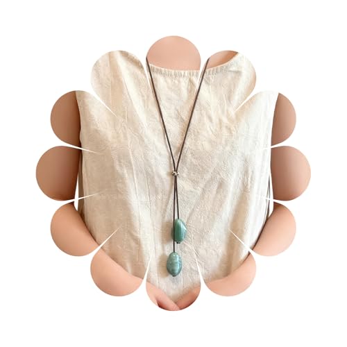 Boho Long Leather Necklace for Women Green Resin Stone Pendant Necklace Vintage Sweater Necklaces Hippie Handmade Necklaces Jewelry Accessories - color: Green