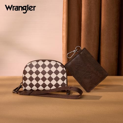 Wrangler KeyChain Wallet Checkered Wristlet Wallets for Women Western Dual Pouch Wristlet Credit Card Holder Wallet - color: Checkered Coffee
