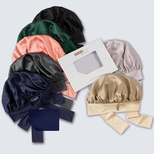 ZIMASILK 100% Mulberry Silk Bonnet for Sleeping Women Long Hair Double Layer Silk Hair Wrap with Tie Band Stay On Head (1Pc, Blackish Green) - color: Blackish Green