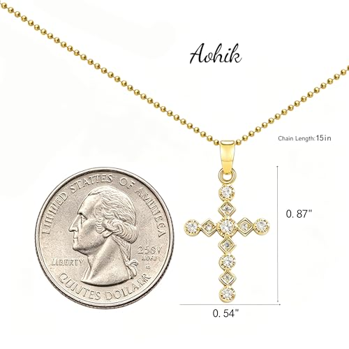 14K Gold Plated Cross Pendant Necklaces for Women Trendy, Dainty Choker CZ Cross Necklace Non Tarnish,Simple Tiny Cross Necklace for Jewelry Gifts - style: Cubic Cross-Gold