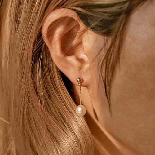 Pearl Earrings for Women, Dainty Wedding Bridal Earrings 14k Gold Plated CZ Pearl Drop Earrings for Women Trendy Hypoallergenic Unique Gold Drop Earrings Fashion Prom Jewelry - color: Gold-H