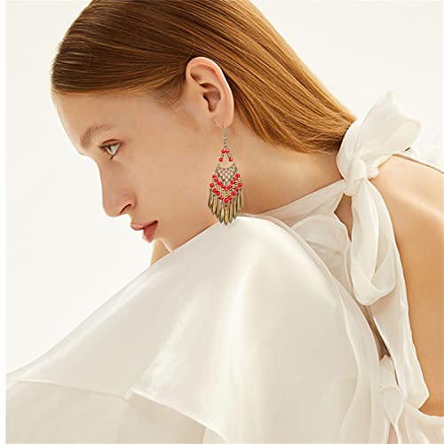 Handmade Vintage Bronze Bohemian Long Tassel Colorful Bead Dangle Drop Earrings Big Tribal Chandelier Geometry Hook Earrings for Women Statement Jewelry Gifts - color: Red