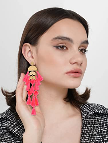 Long Tassel Earrings for Women Colorful Fringe Drop Dangle Earrings Bohemian Hawaiian Summer Beach Jewelry for Womens Vacation Outfits - color: Dark Pink