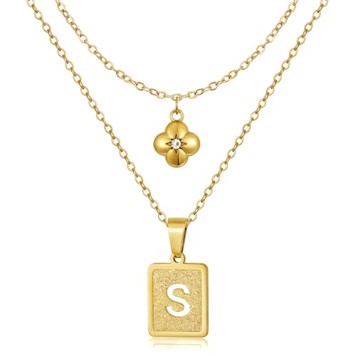 KELORIS PATH Layered Initial Necklaces for Women, 18K Gold Plated Stainless Steel Necklaces Set with Dainty Four Leaf Clover Square Cutout Letter Pendant, Fashion Jewelry for Gifts - style: S Letter