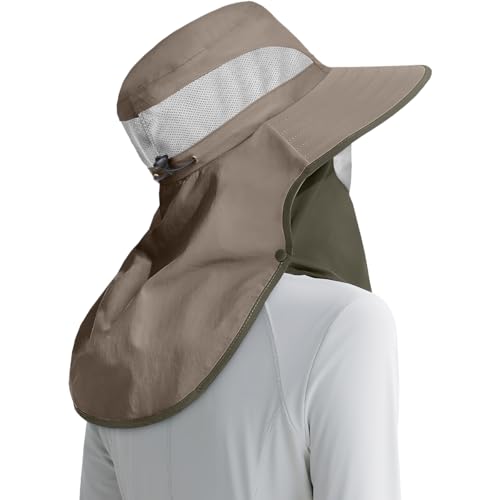 Womens Sun Hat Wide Brim UPF50+ Outdoor Sun Protection Ladies Fishing Hat with Neck Flap Detachable Face Cover - color: Light Green