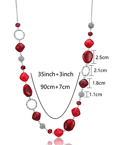 BULINLIN Beaded Long Necklace for Women Silver Sweater Chain Necklace with Crystal Resin Beads, Fashion Jewelry Necklace - color: 53-Dark light red