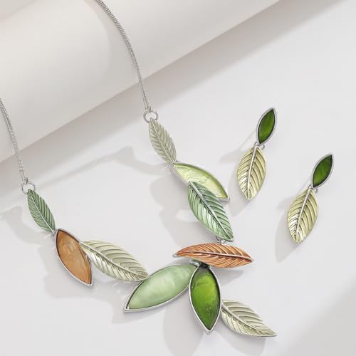Vintage Chunky Statement Jewelry Set Retro Leaf Floral Geometric Bohemian Boho Bib Necklace Earring Set Fashion Costume Jewelry for Women Girls Wedding Party Prom Unique Gift - style: leaf jewelry set 2-green