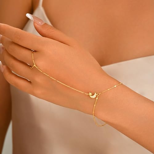 925 Sterling Silver Hand Chain Bracelet for Women,Non Tarnish 14k Gold Plated CZ Crystal Heart Starburst Ring Bracelets Hand Chain Dainty Diamond Layered Stackable Link Chain Beach Waterproof Graduation Wedding Gifts - color: GoldE