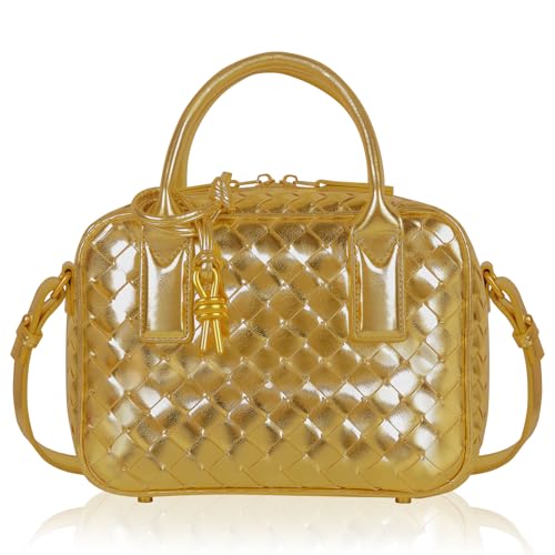 Women's Handmade Woven Top-handle Bag Fashion Leather Shoulder Handbag Crossbody Purse Woven Purse for Women - color: Gold