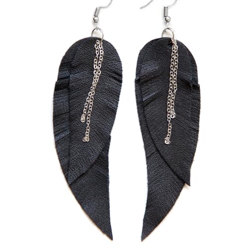Black shiny Leather Feather Earrings for Women, Lightweight Minimal Boho Dangle Earrings, Small Simple Everyday Jewelry - color: black