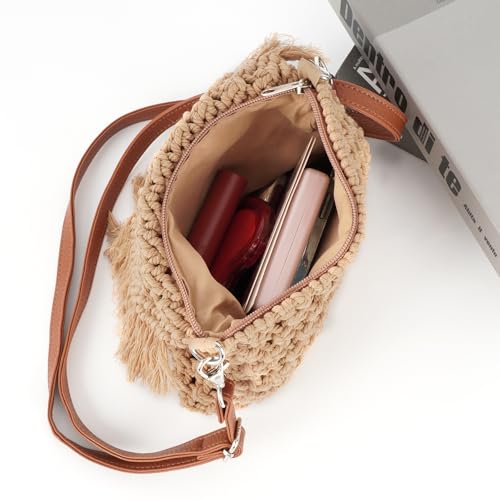 Goclothod Women Crochet Fringed Shoulder Bag Cotton Tassel Crossbody Bag Hippie Beach Purse - color: Crochet Khaki