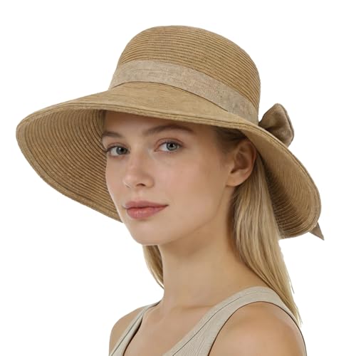 Beach Hats for Women Summer Straw Sun Hats Wide Brim Hat Foldable Packable for Travel Vacation - color: Khaki