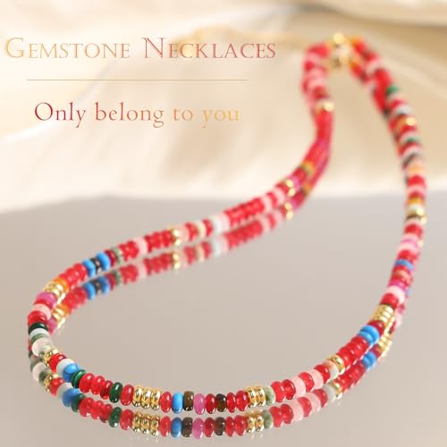 Beaded Gemstone Necklaces for Women Colorful Boho Choker Necklace Beauty And Spirit For Women (blue-silver) - color: mix-red
