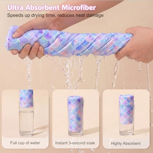 Basumee Microfiber Hair Towel Wrap for Kids 2 Pack Rapid Drying Hair Towel with Button Hair Turbans for Wet Hair Wraps Head Towel Wrap for Women and Girls, Light Mermaid - color: Light Mermaid