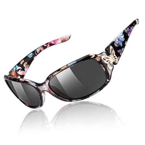 TJUTR Polarized Sunglasses for Women with Wrap Around Butterfly Design, Trendy Jackie-O Style for UV400 Protection - color: A71 Floral Frame Grey Lenses