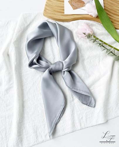 Hioyiwse Satin Square Scarf for Women Solid Color Emulation Silk Handkerchief Hair Ribbon Headband Handbag Purse - color: D13-silver(23.6*23.6inch)
