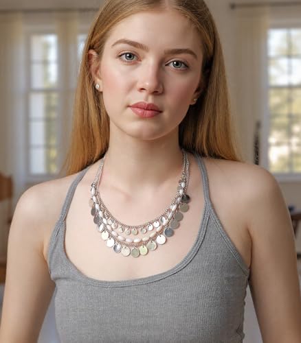 Noessla Layered Beaded Chunky Necklace for Women Boho Two-color Shell Statement Necklace Fashion Collar Costume Jewelry Gifts for Mum - color: 94-White