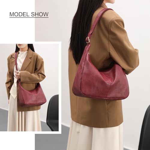 Hobo Bags for Women Foldable Vegan Leather Shoulder Handbag Slouchy Tote Crossbody Purses - color: Red