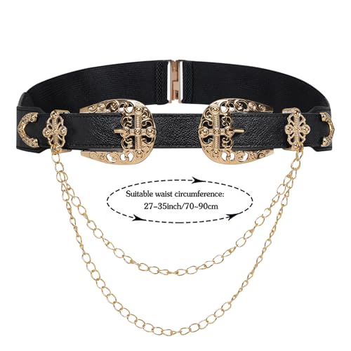 Dubulle Womens Belt Chain Leather Belts Vintage Western Adjustable Elastic Double Buckle for Cowboy Pant Dress - color: Gold Black Chain