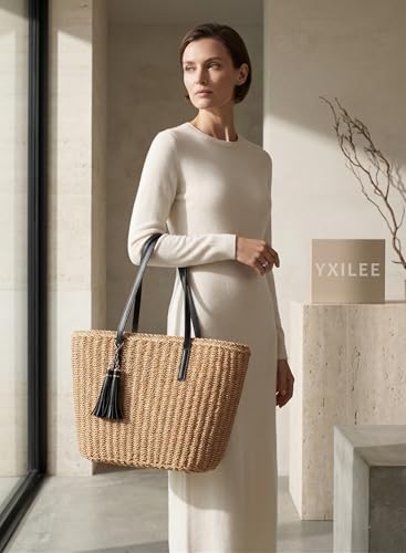 YXILEE Straw Bags For Women | M Size Travel Straw Totes Bag Woven Summer Handmade Shoulder Bag Handbag - color: Black