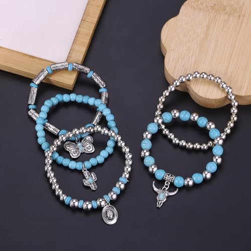 Western Outfit for Women Bohemian Vintage Stackable Turquoise Bracelet Rustic Beaded Cow Head Charm Stretch Bracelet Western Jewelry Country Concert Outfits for Women - style: Style3