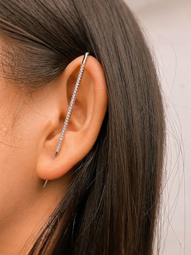 Ear Wrap Hook Earrings for Women Fashion Ear Cuff Crawler Earrings Silver Gold Long Piercing Crystal Curve Style Earring Stick Ear Wrap Earring Rhinestone Trendy Jewelry Gifts - color: full rhinestone-silver