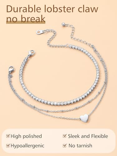 FindChic Black/Silver/Gold Plated Anklets Set of 2PCS/3PCS Herringbone Chain Cuban Link Heart Charm Sparkling Tennis Ankle Bracelets, Waterproof Summer Foot Jewelry for Beach - color: 05. Silver-2PCS Tennis & Beaded Heart