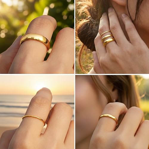 Gold Band Rings for Women Men Non Tarnish, Wedding 14K Gold Plated Stackable Ring Set for Couples, Dainty Thin Plain Simple Promise Dome Band Thumb Pinky 1mm 3mm 5mm Jewelry Gift Comfort Fit Size 3-13 - color: Gold-1mm 3mm 5mm, size: 3