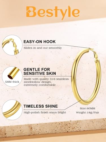 Bestyle 5mm Thick Gold Hoop Earrings Hypoallergenic Hoops for Sensitive Ears Trendy Lightweight Chunky Earrings for Women 30/40/60/80mm - color: 01-Gold, size: 60mm