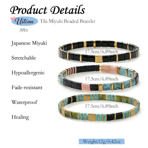 Tila Flat Square Stack Beaded Bracelets Set for Women Men, Boho 3Pcs Romantic Handmade Healing Gold Colorful Stretch Accessories Jewelry, Daily Vacation Party Holiday Friendship Gift - color: Green Black