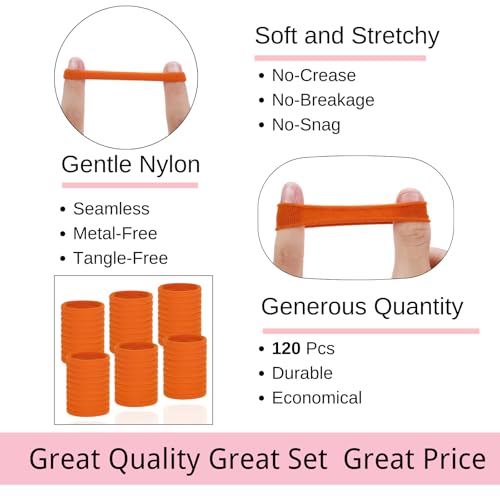 LuSeren 120 Pcs Orange Hair Ties for Women, No Damage Soft Seamless Nylon Hair Elastics for Thick Hair, Ponytail Holders, Solid Orange Hair Accessories - color: Orange