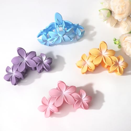 4PCS Hawaiian Plumeria Large Claw Clips for Women - Non-Slip Strong Hold Flower Hair Clips for Thick Hair (Colorful) - color: pink, yellow, blue, purple