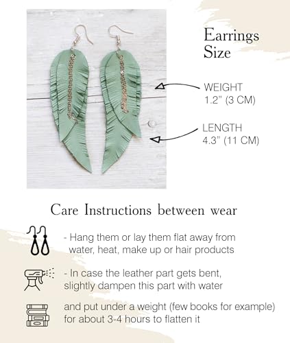 Black shiny Leather Feather Earrings for Women, Lightweight Minimal Boho Dangle Earrings, Small Simple Everyday Jewelry - color: light green