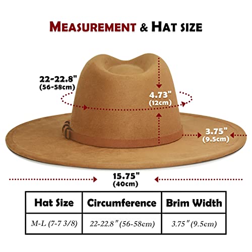 FLUFFY SENSE. Big Wide Brim Fedora Hat for Women - Nashville Outfits Western Hats Women's Felt Panama Rancher Hat - color: Caramel