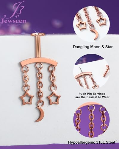 Crescent Moon Star Chain Vertical Hidden Helix Stud Earrings Dangle 316L Stainless Steel Flat Back Threadless Push-Pin Cartilage Rook Piercing Jewelry - color: ROSE GOLD