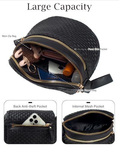Valentoria Large Woven Leather Crossbody Bags for Women Checkered Bum Bag Sling Bag Purse Adjustable Strap Detachable Wallet | Woven - color: Black Checkered