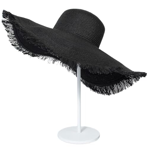 Wide Brim Fashion Boho Fringe Foldable Straw Hat Beach Hat UPF50+UV Protection Summer Hat Sun Hats for Women Travel - color: Black