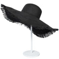 Wide Brim Fashion Boho Fringe Foldable Straw Hat Beach Hat UPF50+UV Protection Summer Hat Sun Hats for Women Travel - color: Black
