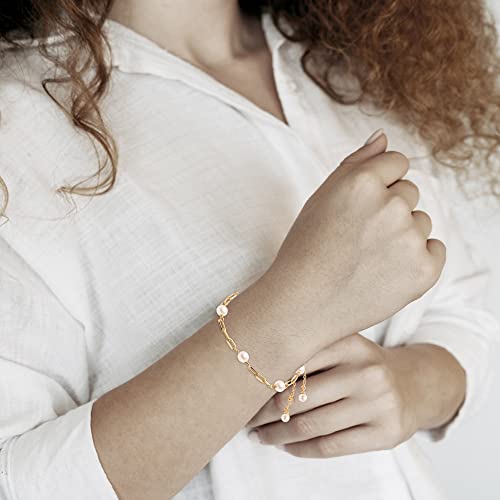LeCalla Pure 925 Sterling Silver Italian Paperclip Link Chain Bracelets | Gold Over Silver Paper-Clip Link Station Bracelet | Sliding Bolo Bracelet for Women - color: Yellow-Gold Pearl Station