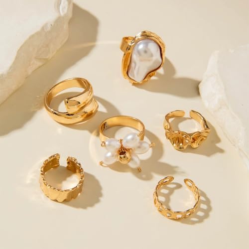 Chunky Gold Irregular Rings Stack Set for Women Statement Baroque Pearl Flower Stackable Knuckle Finger Ring Non Tarnish Boho Hammered Jewelry Gifts - color: Gold Flower