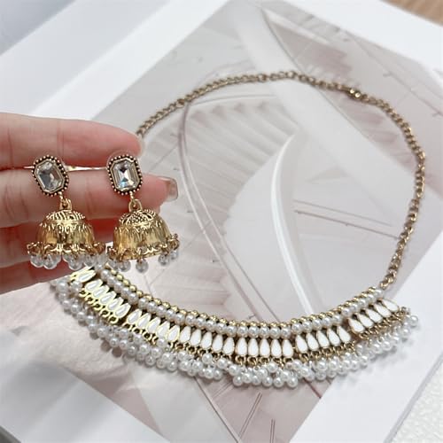 Bohemian Jhumka Earring Necklace Set for Women Bride Wedding Bollywood Crystal Pearl Beaded Antique Gold-Tone Indian Bell Jhumki Dangle Earrings Choker Necklace Ethnic Festive Party Wear Jewelry - color: White