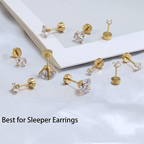 Dainty 6 Pairs Surgical Steel Earrings Sets for Multiple Piercing, Lightweight 14K Gold Plated Small Huggie Hoop Earrings, Flat Back Tiny Ball CZ Stud Earrings for Cartilage, Helix, Lobe, Hypoallergenic - style: 14K Gold Plated- 5 Pairs CZ Studs