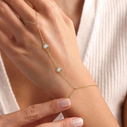 BAYLAY Hand Chain Bracelet, 14K Gold Plated Ring Bracelet Hand Chain Dainty Gold Bracelet for Women Trendy Finger Ring Slave Bracelets Hand Jewelry for Women Summer Beach Boho Gifts Trendy Stuff - color: 2CZ-7mm