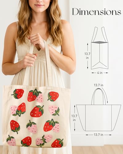 Miss Adola Embroidery Tote Bag with Pocket & Buckle - Reusable Canvas Tote for Women Cute Aesthetic Work Shopping Grocery Bag - style: Strawberry