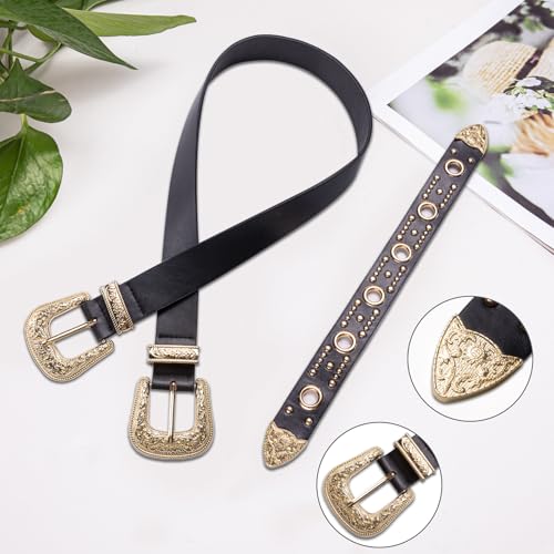 Dubulle Womens Belt Chain Leather Belts Vintage Western Adjustable Elastic Double Buckle for Cowboy Pant Dress - color: Gold Black