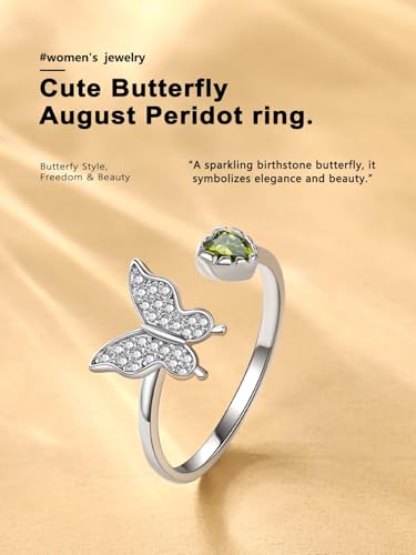 Bestyle 925 Sterling Silver Butterfly Ring Hypoallergnic Adjustable Birthstone Rings for Women Butterfly Jewelry Gifts for Anniversary Mothers' Day Birthday - color: 08.August (Peridot)
