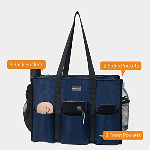TOPDesign Utility Water Resistant Tote Bag with 13 Pockets, Top Zipper Closure & Thick Bottom Support, for Working Women - color: Blue, size: Medium