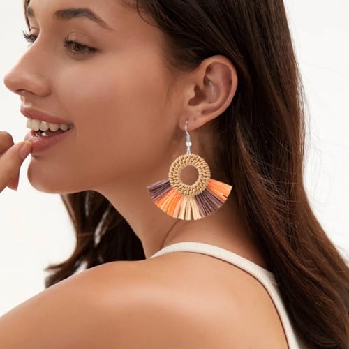 Boho Summer Beach Earrings for Women Lightweight Straw Wicker Earring Statement Raffia Fan Round Tassel Dangle Drop Earrings Hawaii Jewelry - style: Orange Round
