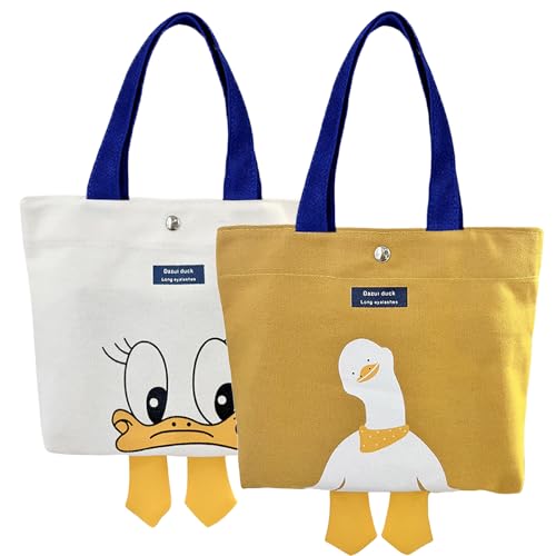 Kovewon 2PCS Small Canvas Tote Bag for Women Cute Mini Duck Book Tote Bag Preppy Reusable Bags for Grocery, Essentials, Water Bottle, Keys, Book, Bible - color: Yellow White Duck